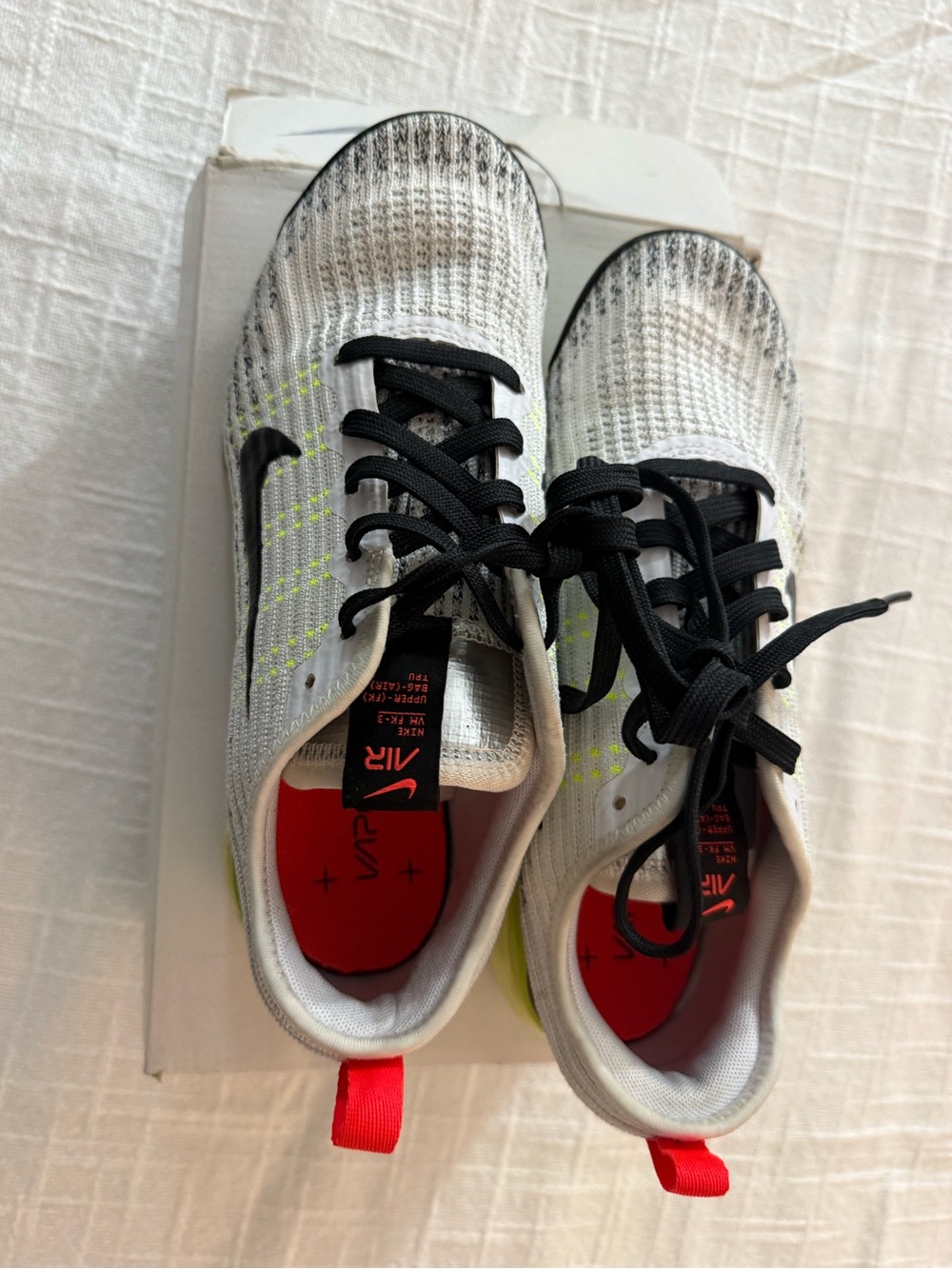 Nike Men’s White/Black Athletic Shoes with Neon Yellow & Red Accents